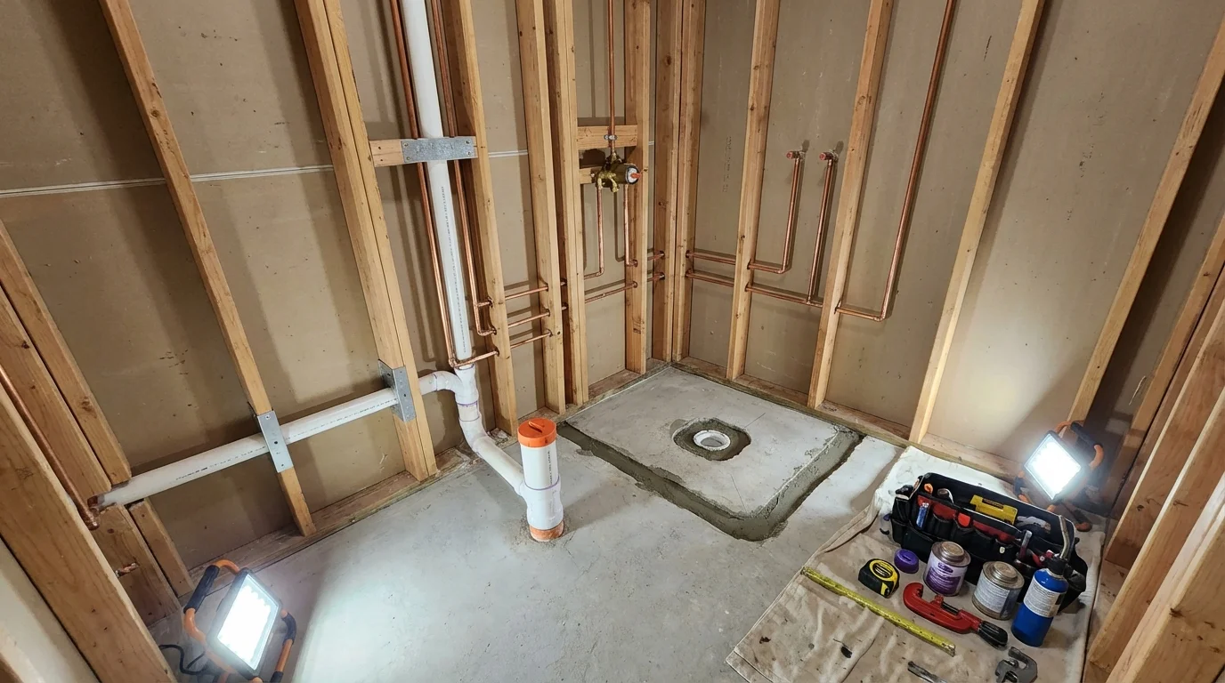 Bathroom rough-in plumbing during remodel by Johns Plumbing LLC in Gladwin