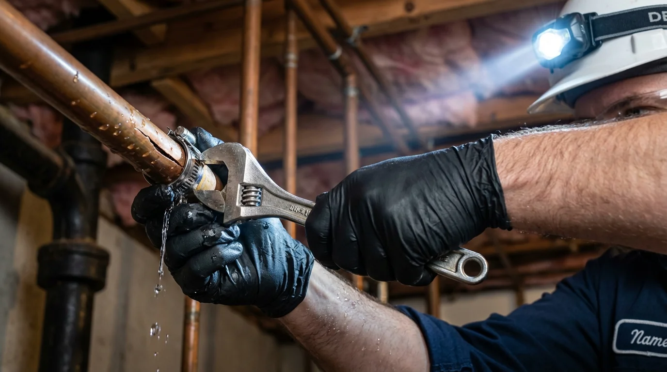 Emergency pipe clamp repair being performed by a Johns Plumbing LLC plumber in Gladwin