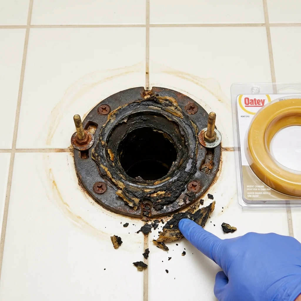 Failed wax ring showing water seepage at the base of a toilet in a Gladwin, MI home