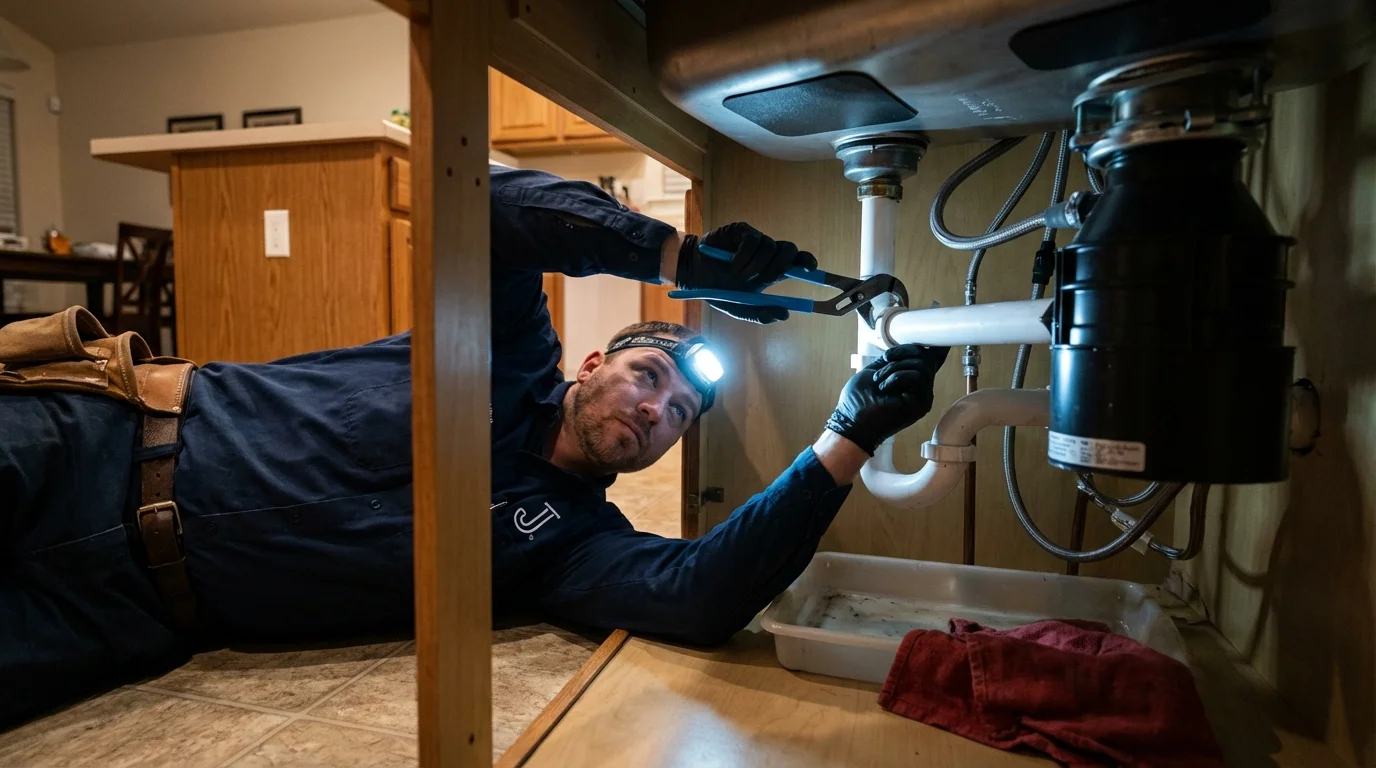 P-trap and supply line connections under a kitchen sink showing a common leak point in Gladwin, MI